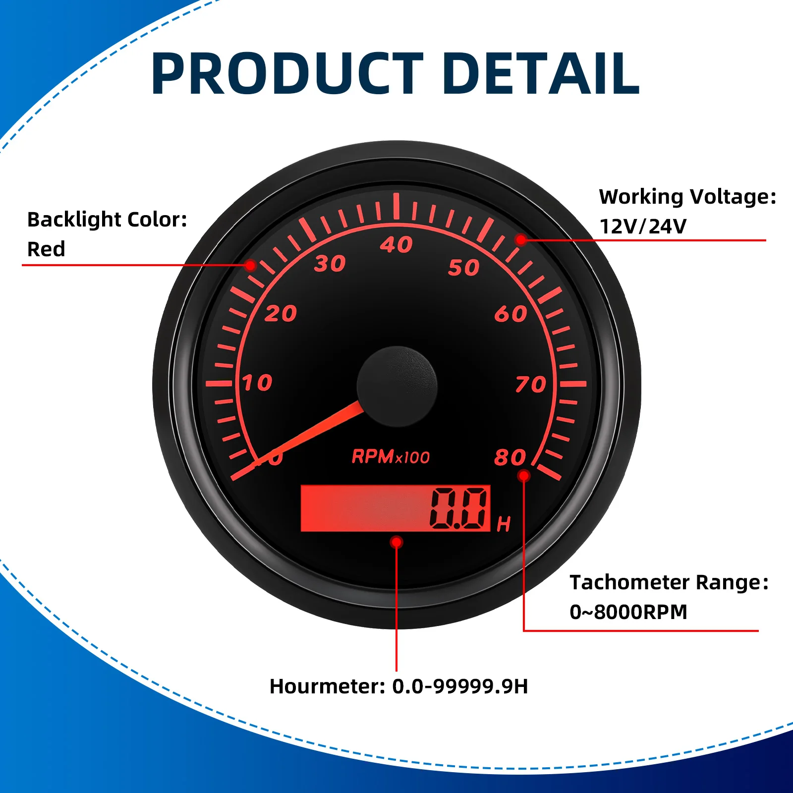 3K-8K Auto Marine Tachometer RPM Meter Gauge 85mm Rev Counters Red Backlight Digital Hourmeter Toerenteller RPM Sensor(optional)