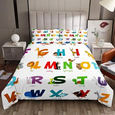 Alphabet Learning Bedding Sets Queen King Size Cartoon English Alphabet Comforter Covers for Child Boys Girls Lightweight Down