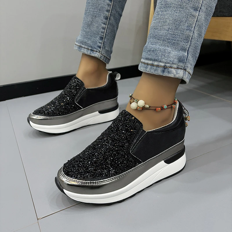 2024 Spring and Autumn Women\'s Loafers Silver Sneakers Rhinestone Platform Shoes Inner Heightening Sneakers Zapatos De Mujer