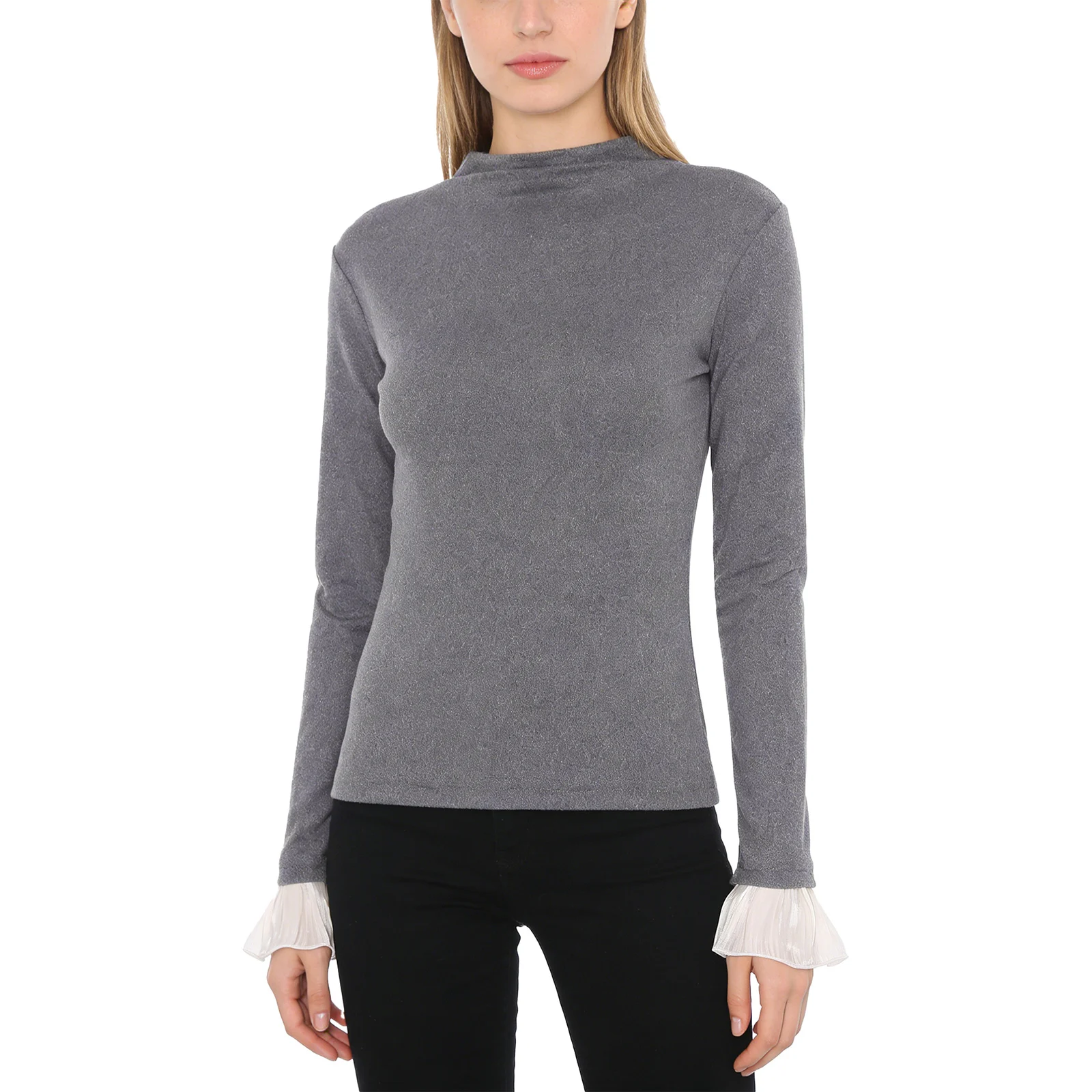 Women Basic Layer Blouse Tee Shirts Turtleneck Long Sleeves with Pleated Flared Cuffs Pullover T-shit Top for Casual Dating