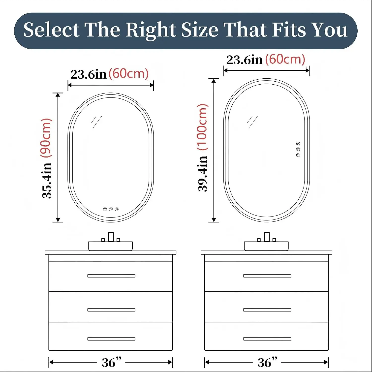 24x36 Oval LED Lighted Bathroom Mirror Frameless Fogless Dimmable Shatterproof Touch Sensor 3 Color Change