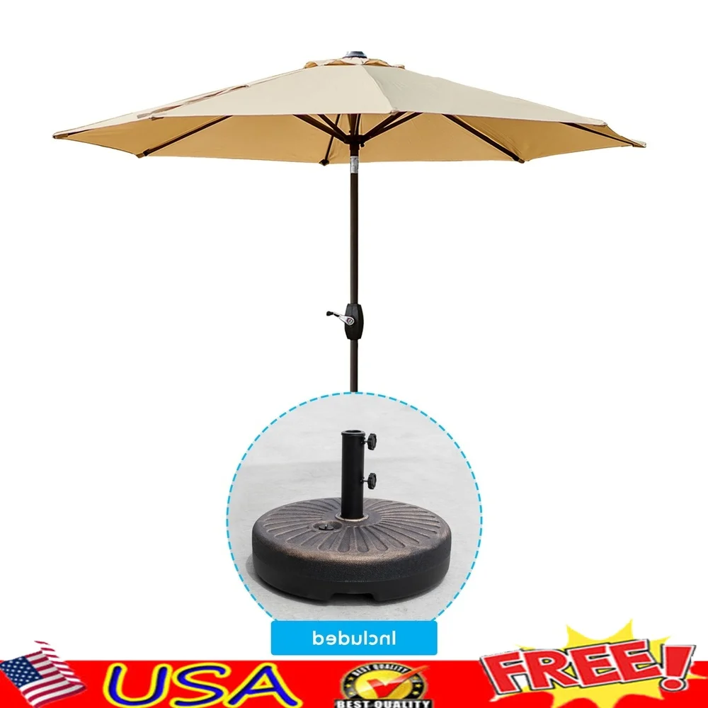

9 Ft Outdoor Patio Umbrella Crank Lift Push Button Tilt Bronze Base Waterproof UV Blocking Polyester Canopy Freestanding