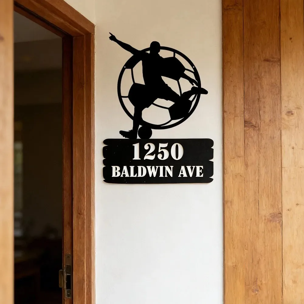 1pc Durable Modern Soccer Player Custom Metal Address Plaque Outdoor Front Porch Decor Gift For Football Lovers Father’s Day
