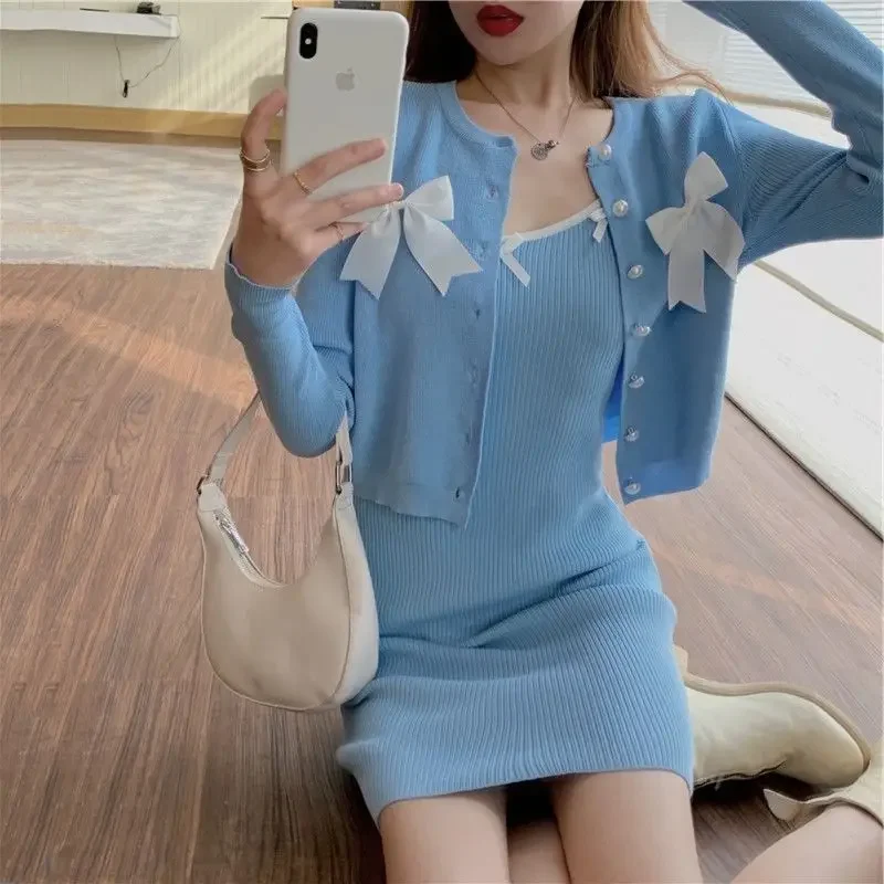 Short Knit Mini Blue Women\'s Two Piece Set Dress Mature Slim Fit Beach Female Outfits Crochet Kawaii Commuting Long Sleeve Korea