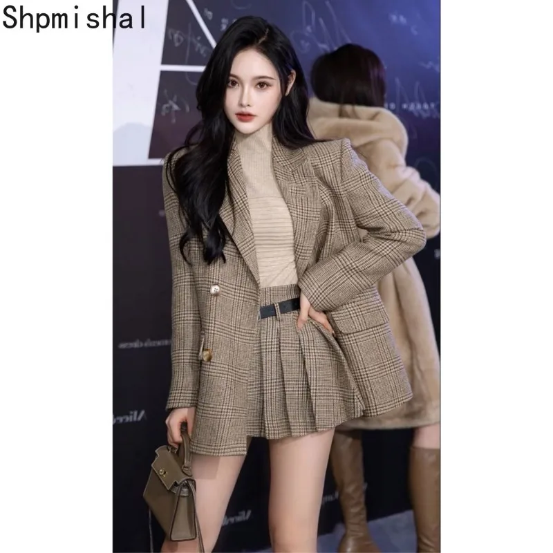 2023 Korean Fashion New Early Winter Loose and Casual Pleated Skirt British Suit Checkered Jacket Two-piece Set Female Clothing