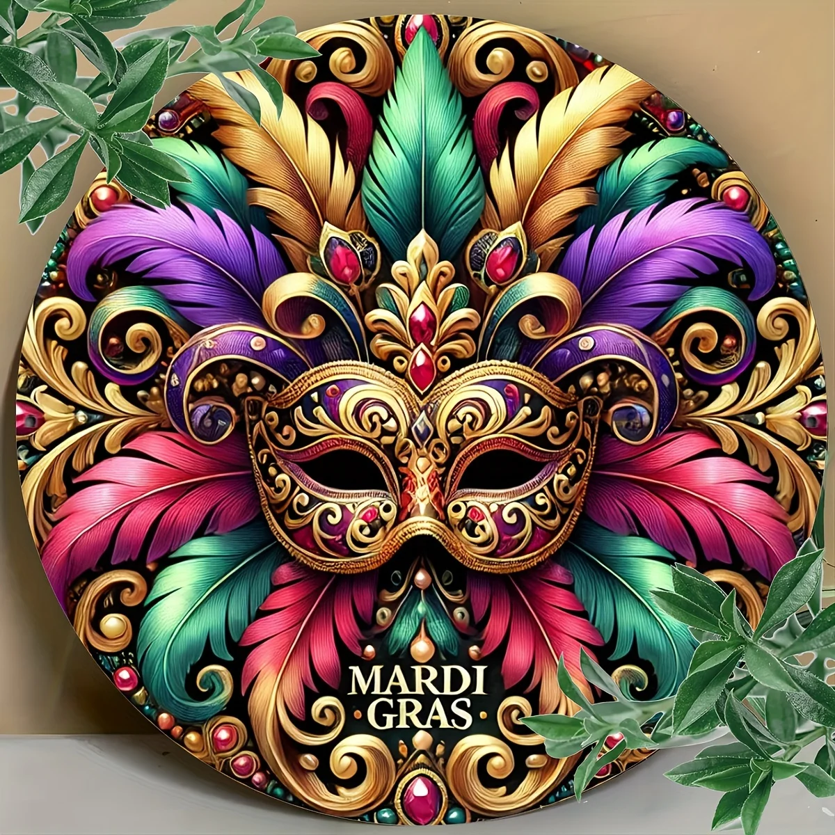 1pc Vintage Golden Mardi Gras Mask Aluminum Wall Art, 20.32x20.32 cm Round Decorative Sign with Vibrant Feather Design, Easy to