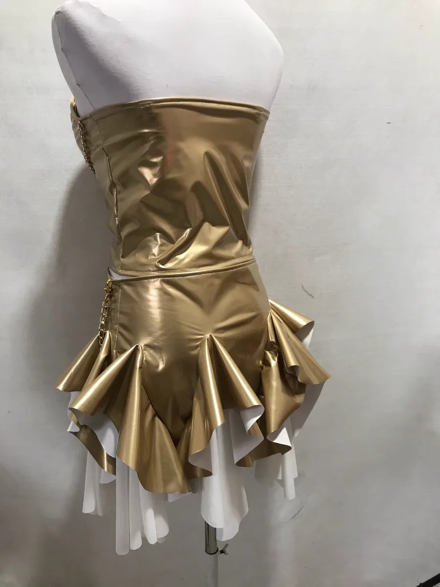 새로운 나이트 클럽 바 여성 가수 선도 댄스 무대 공연 의류 섹시한 라이트 골드 특허 가죽 분할 2 피스 양복