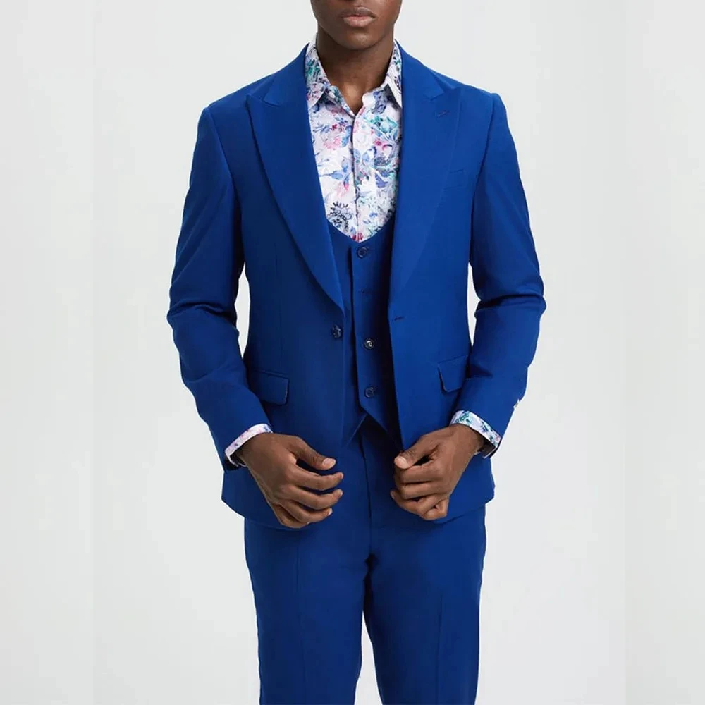 

Королевские синие мужские костюмы Slim Fit 3-х предметная куртка Брюки Жилет на одной пуговице с остроконечными лацканами Мужская одежда Свадебный жених Выпускной Повседневная одежда
