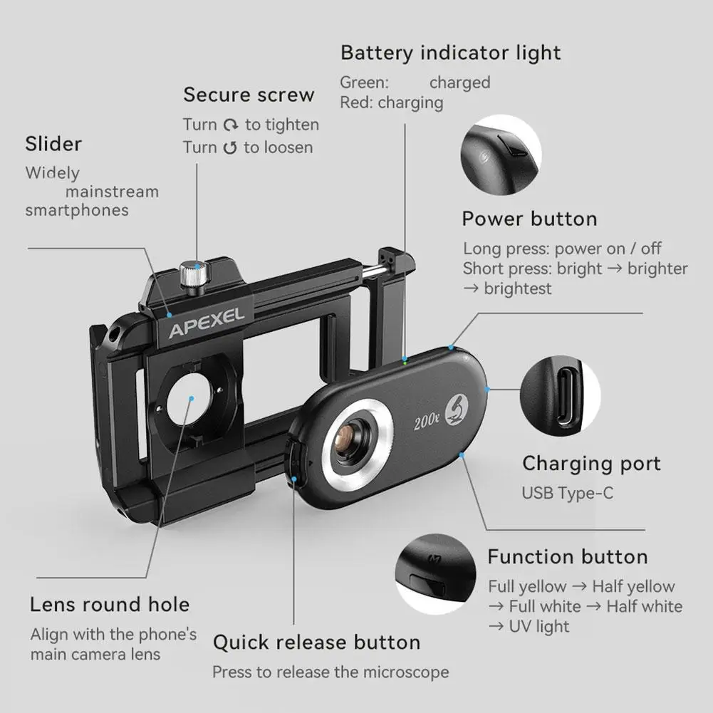 3 In 1 Portable Universal Mobile Phone Microscope Lens Outdoor 200X Macro Magnifying Glass Snap Mount With LED CPL Kit