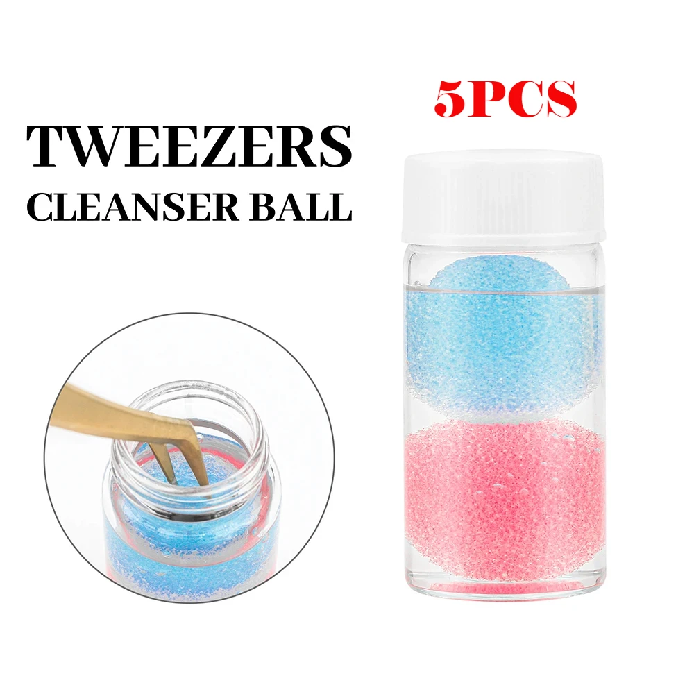 5PCS Eyelashes Tweezers Cleaner Eyelash Extension Tweezers Cleaning Tools with Glue Remover Liquid and Sponge Ball Cleaning Glue