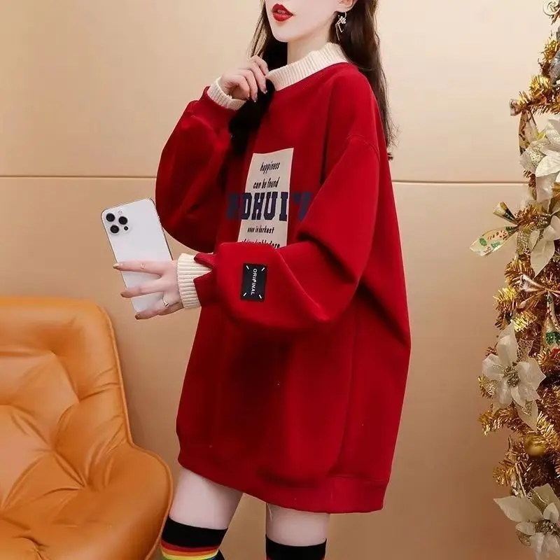 

Large Size Loose Fitting Fake Two Piece Hoodie for Women Mid to Long Length with Thick Velvet Top