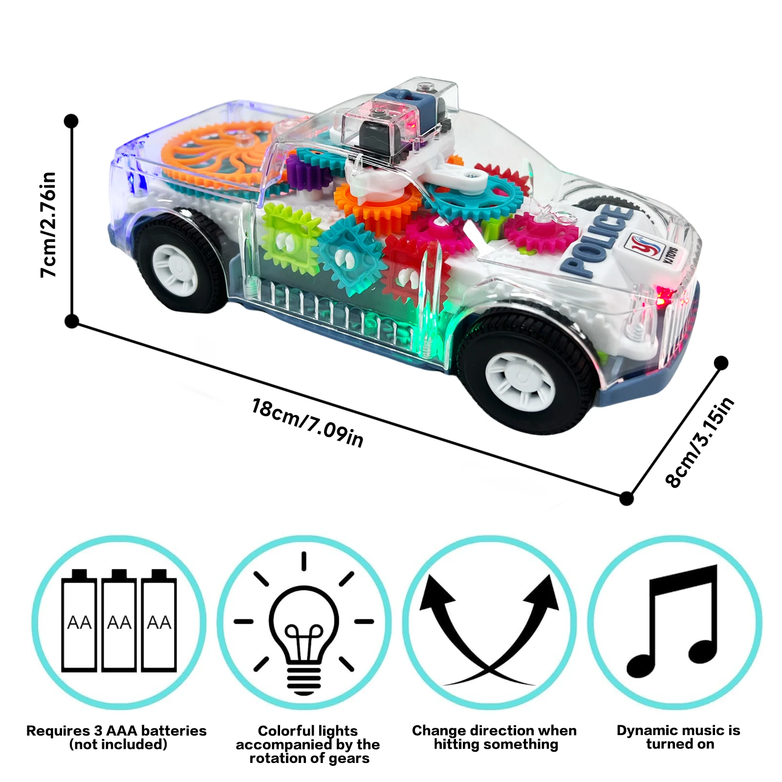 Children's Electric Toy Simulation Police Car with Transparent Gear Mechanism Colorful Sound & Light Perfect Gift for Babies