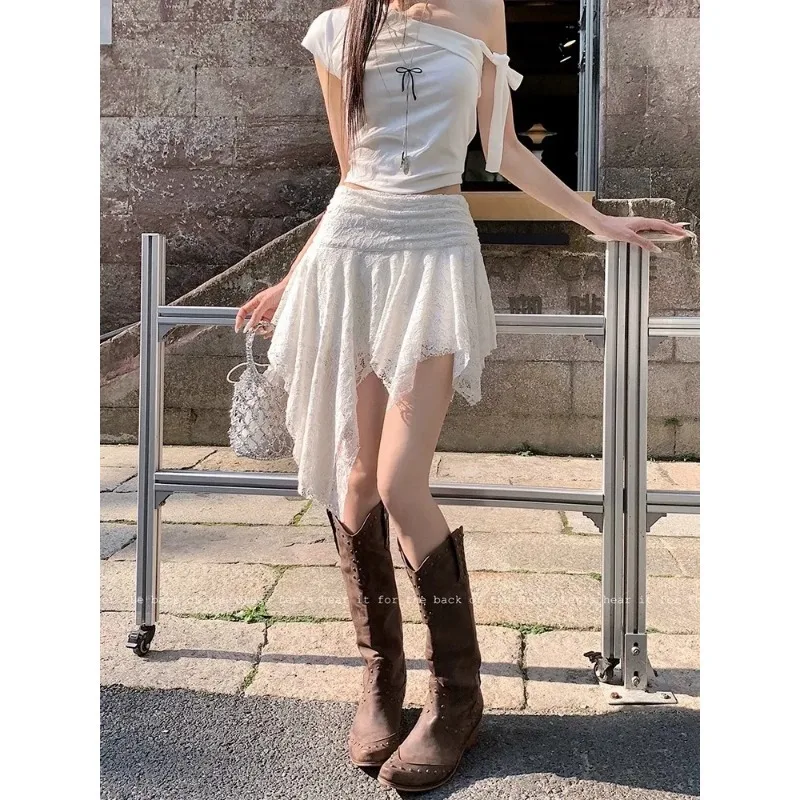 

Women's White Lace Asymmetrical Mini Skirt High Waist Fairycore Ruffle Hem Short Skirt