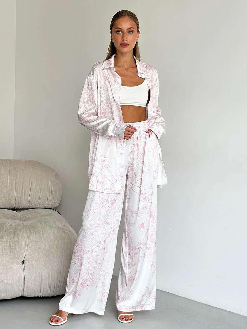 

Marthaqiqi Printing Female Nightgown Suit Long Sleeve Pajama Turn-Down Collar Sleepwear Pants Causal Women Nightwear 2 Piece Set