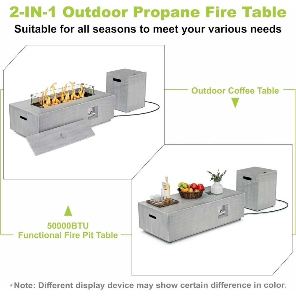 Mesa para fogueira ao ar livre, fogões e lareiras a gás propano, mesas retangulares para fogueira de 42 ′′, mesa de fogo de 50.000 BTU para conjunto de pátio