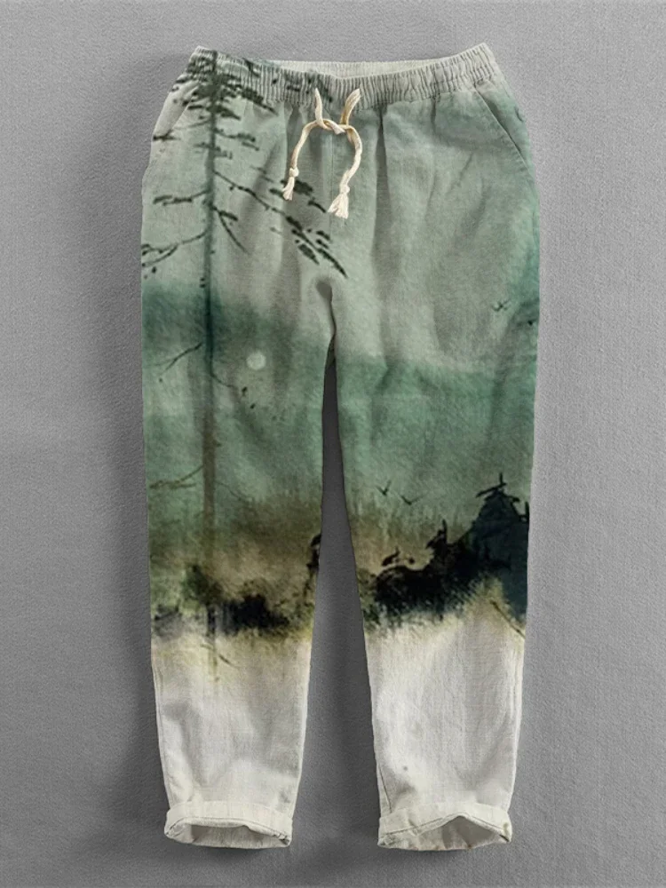 Full Length Wide Leg Pants Printed Harajuku Landscape Painting Summer Straight Trousers Streetwear Sweatants Men Clothing