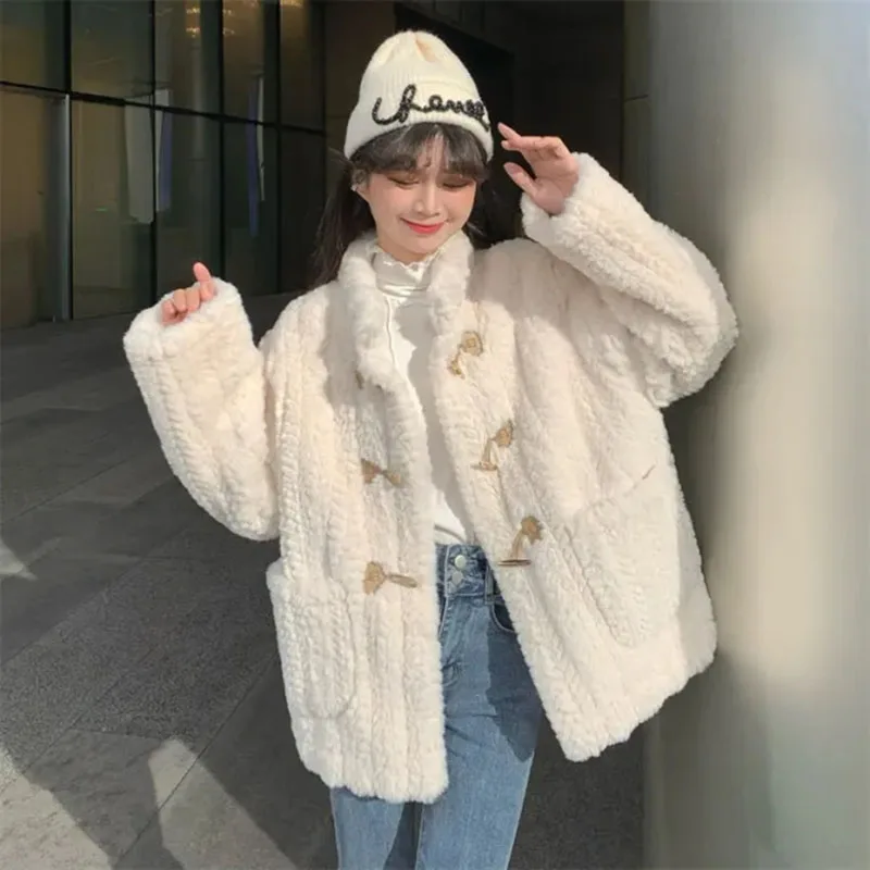 Faux Fur Coat Women Loose Thick Warm High Collar Jacket Lamb Wool Long Sleeve Outerwear Lady Winter Horn Button Tops