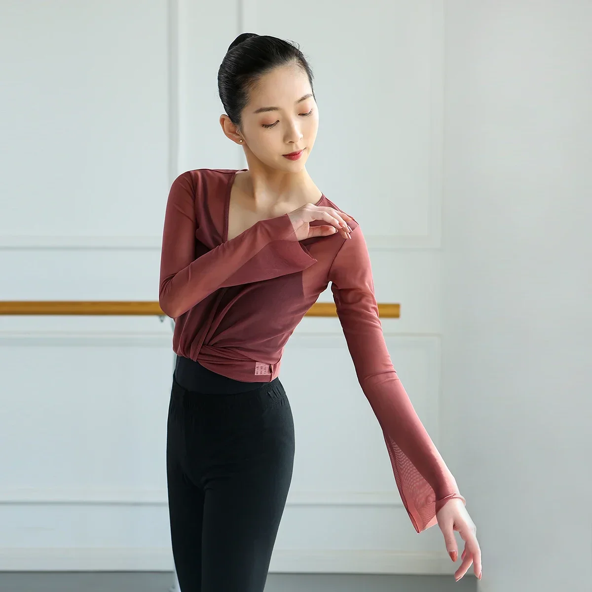 Haut court de ballet pour femme, t-shirt de ballet, cardigan de danse rond, haut transparent, manches évasées, vêtements de danse ballerine, chemisier de ballet