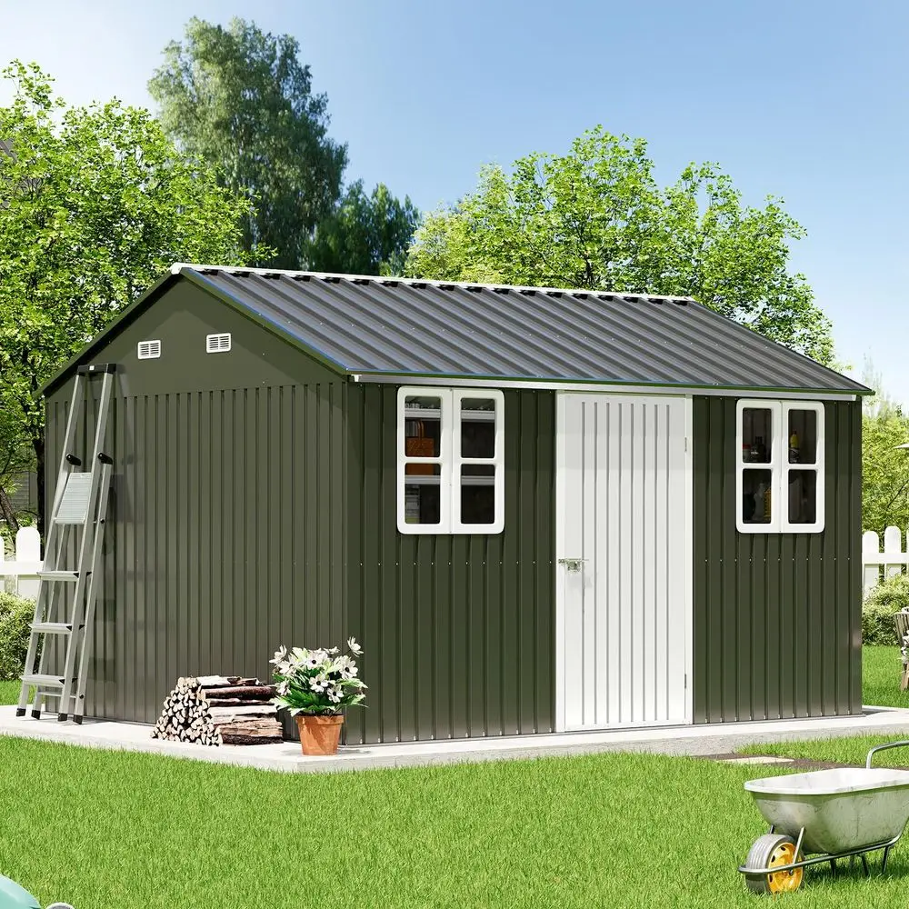 

46 FT AllWeather Resin Storage Shed, Outdoor Plastic Tool Shed with Reinforced Floor, Lockable Door, Window amp Vent for Garden