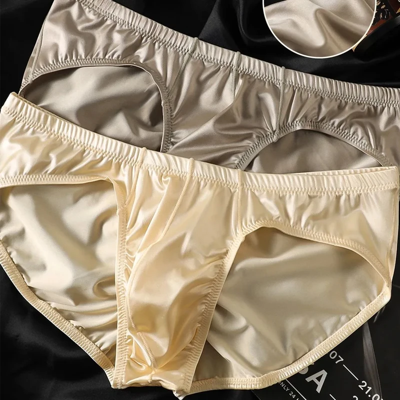 4pcs Mens Briefs Shinny Satin Low-rise Sexy Underwear Bulge Pouch Smooth Cool Solid Elasticity Underpants Breathable Panties