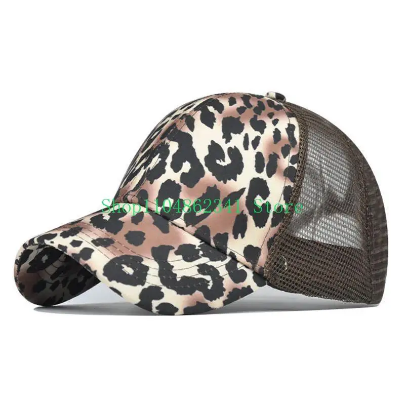 652F Women Mesh Back Ponytail Messy Baseball Cap Vintage Leopard Print for Snapback H