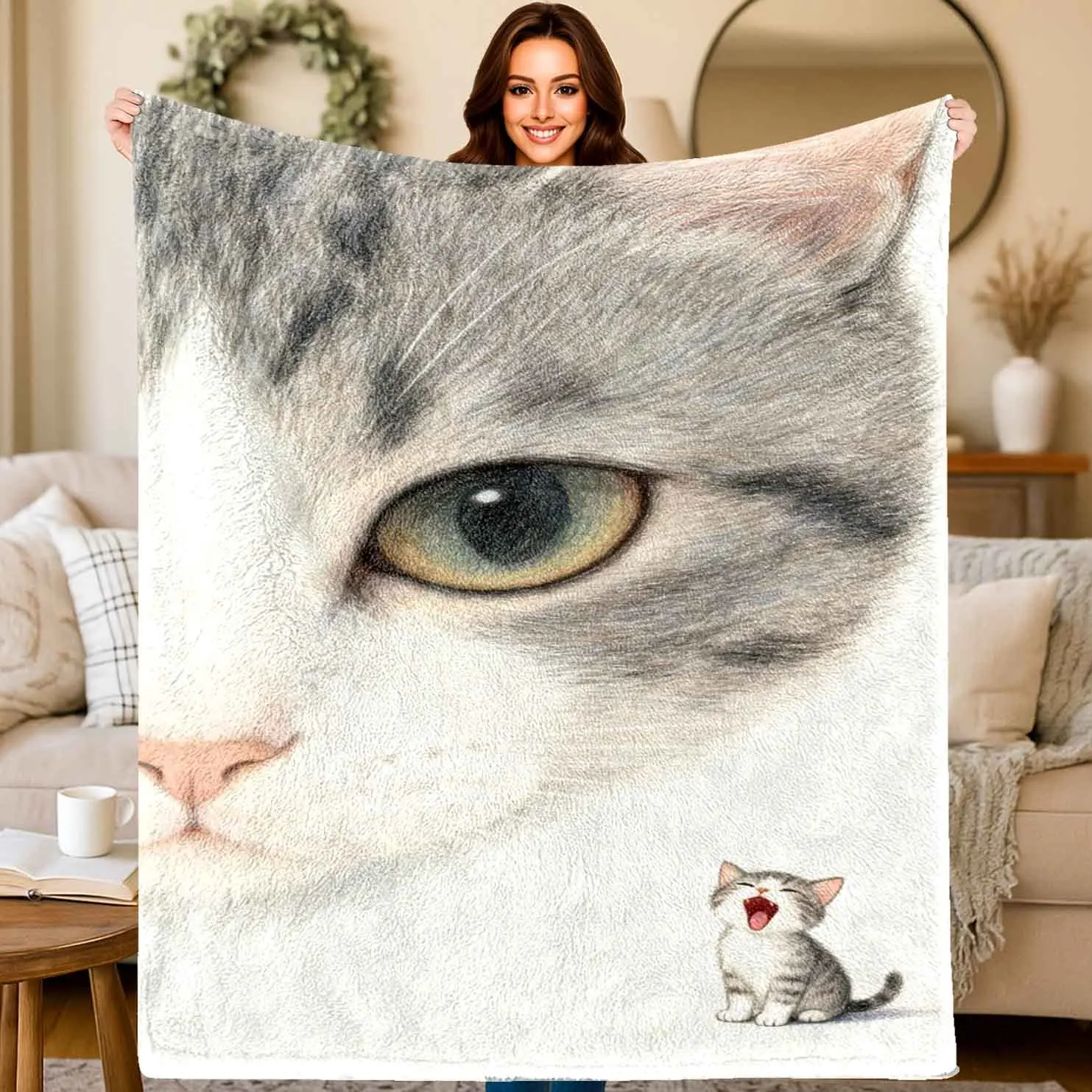 Close-up of a cat's eyes Flannel printed blanket suitable for all seasons suitable for living room office sofa and travel