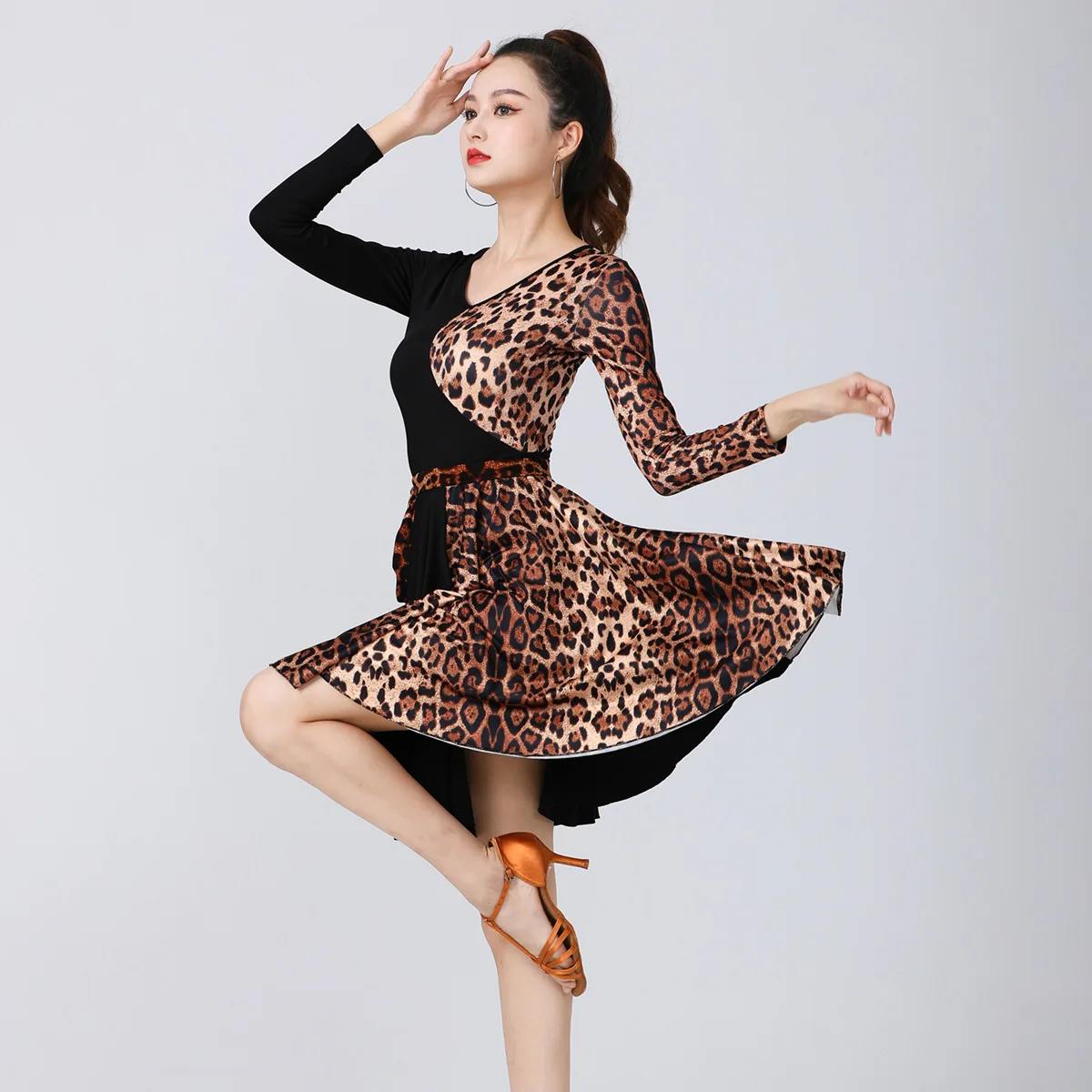 

2026 Women Adult Latin Dance Dress Leopard Print Big Hem Patchwork Training Outfit With Free Belt For Ballroom Practice