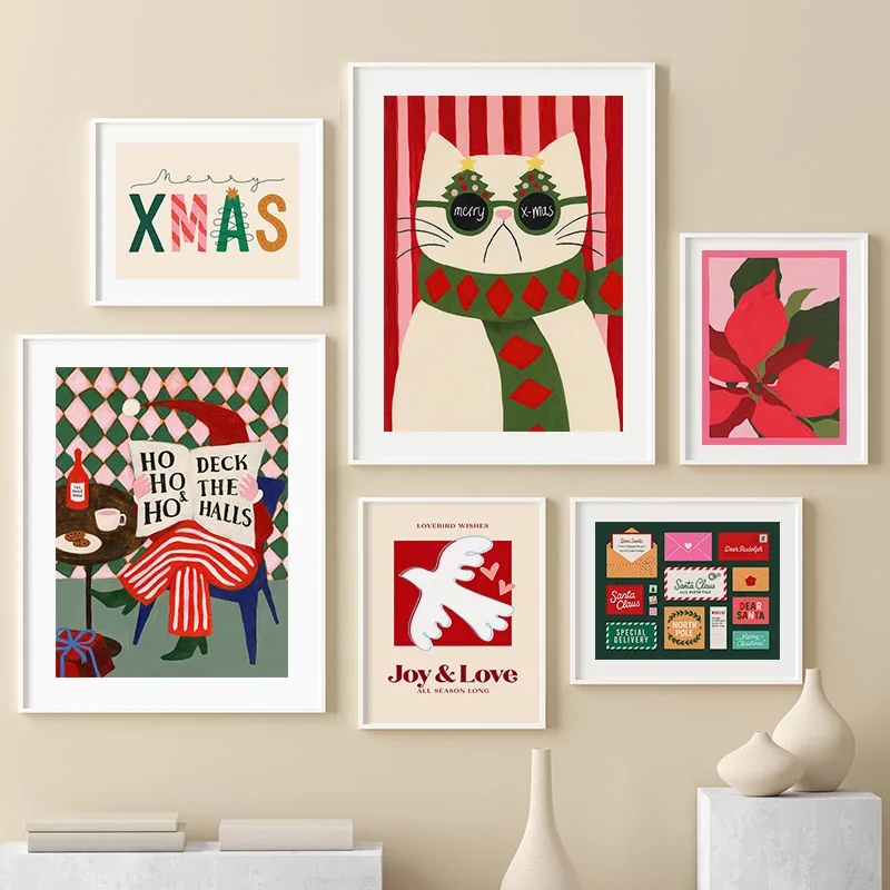 Christmas Cat Tree Santa Claus Nordic Posters Prints Canvas Printing Wall Art Picture for Holiday Living Room Bedroom Home De