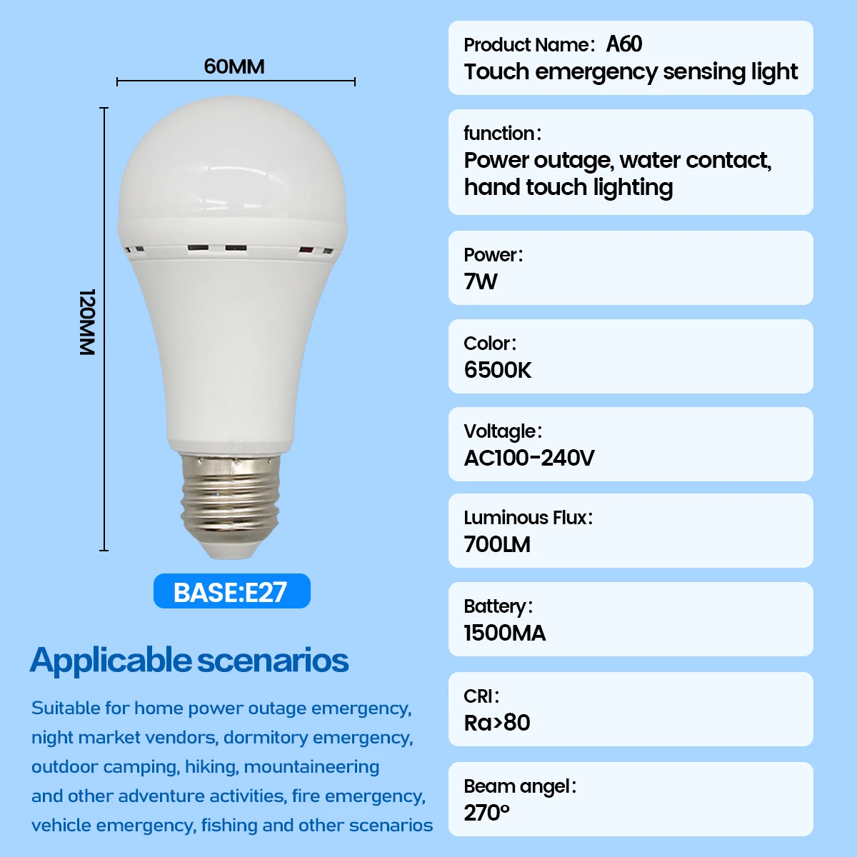 E27 Rechargeable LED Emergency Light Bulb 7W 1500mAh 6500K 3 Mode Dimmable Portable Hanging Lamp for Power Failure Camping Porch