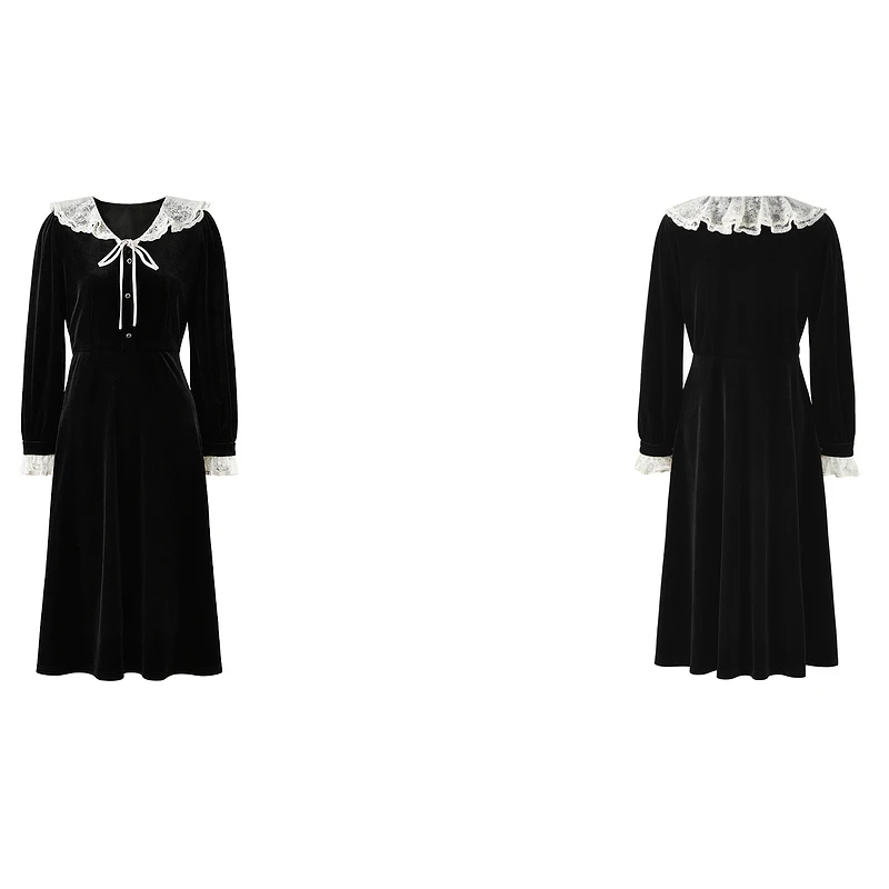 Sukienka damska Fengbaoyu z luksusowego jedwabiu aksamitnego z koronkowym wykończeniem, styl Hébó, elegancka, pełna wdzięku, francuska retro romantyczna sukienka codzienna.