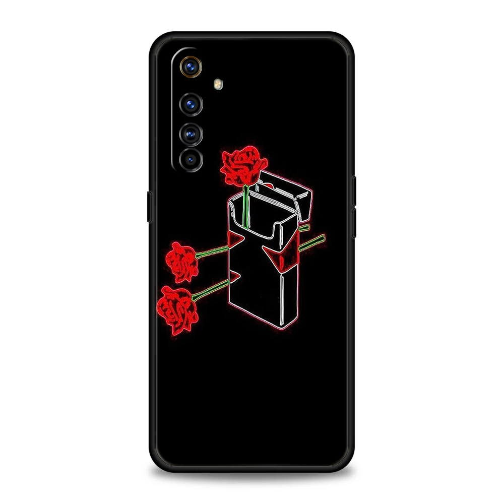 Black Flower Phone Case for Realme 8 9 Pro Plus 8i 9i 6 7 GT2 C21 C25 C3 C11 11 Pro 5G Plus Shockproof Silicone Shell Capas Bags