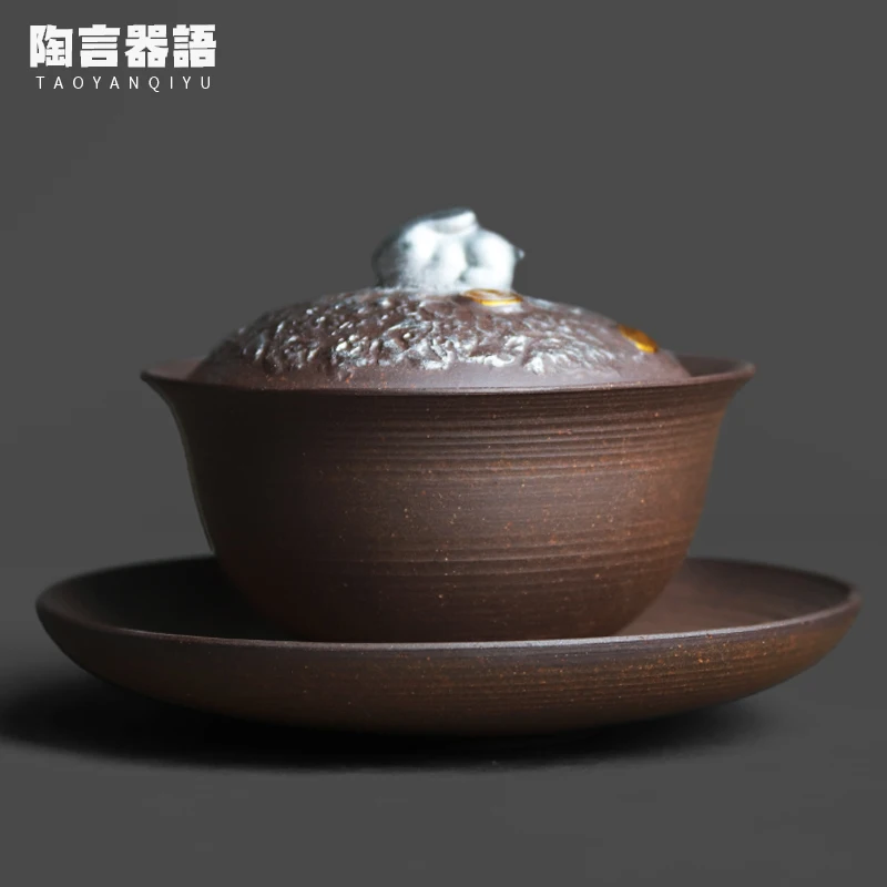 Rough terracotta tea bowl with painted gold and silver spots, rabbit design elements, wide mouth tea bowl for brewing tea leaves