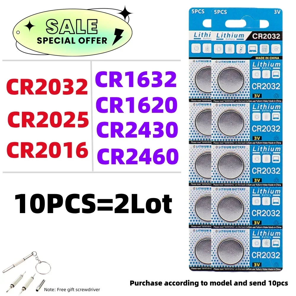 

10PCS CR2032 Boutton Cell Battery CR2025 CR2016 CR2012 CR1632 CR1620 CR1216 3V Lithium Batteries for Watch Keys Calculator