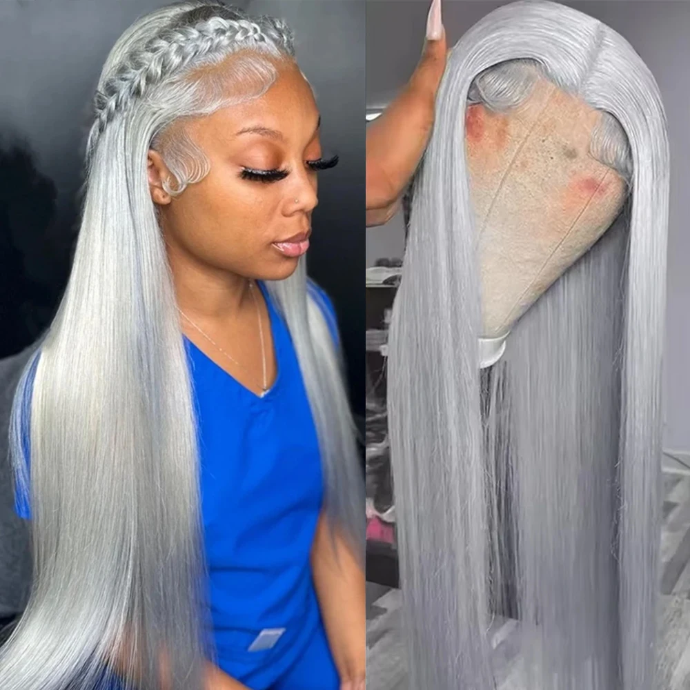 

13x6 Straight Silver Grey Lace Front Wig Human Hair Pre Plucked Remy Brazilian Gray Lace Frontal Wig Straight Human Hair Wigs 30 Inch