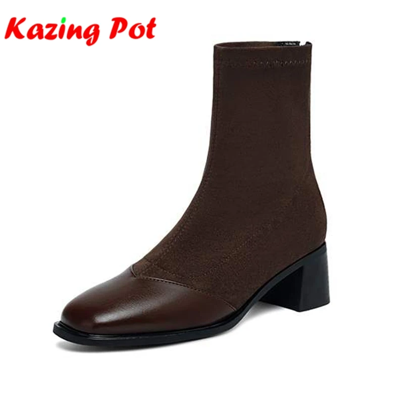 Krazing Pot Microfiber Square Toe Med Heels Zipper Chelsea Boots Keep Warm Winter Shoes Patch Work England Design Ankle Boots