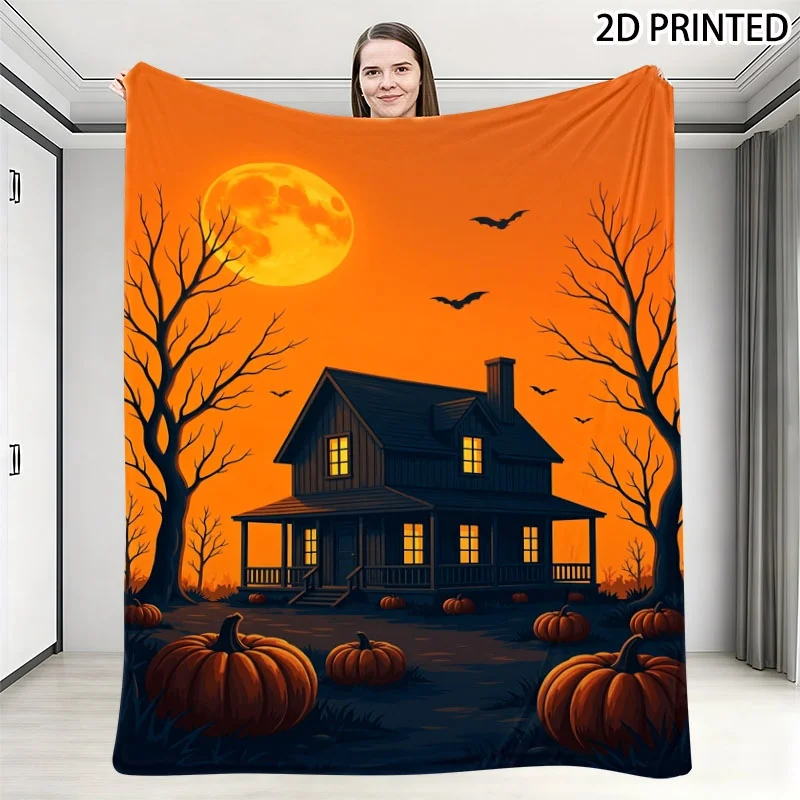 Spooky Halloween Haunted House Print Throw Blanket with Glowing Moon, Flying Bats And Pumpkin Scene, Cozy Small Nap Blanket in M