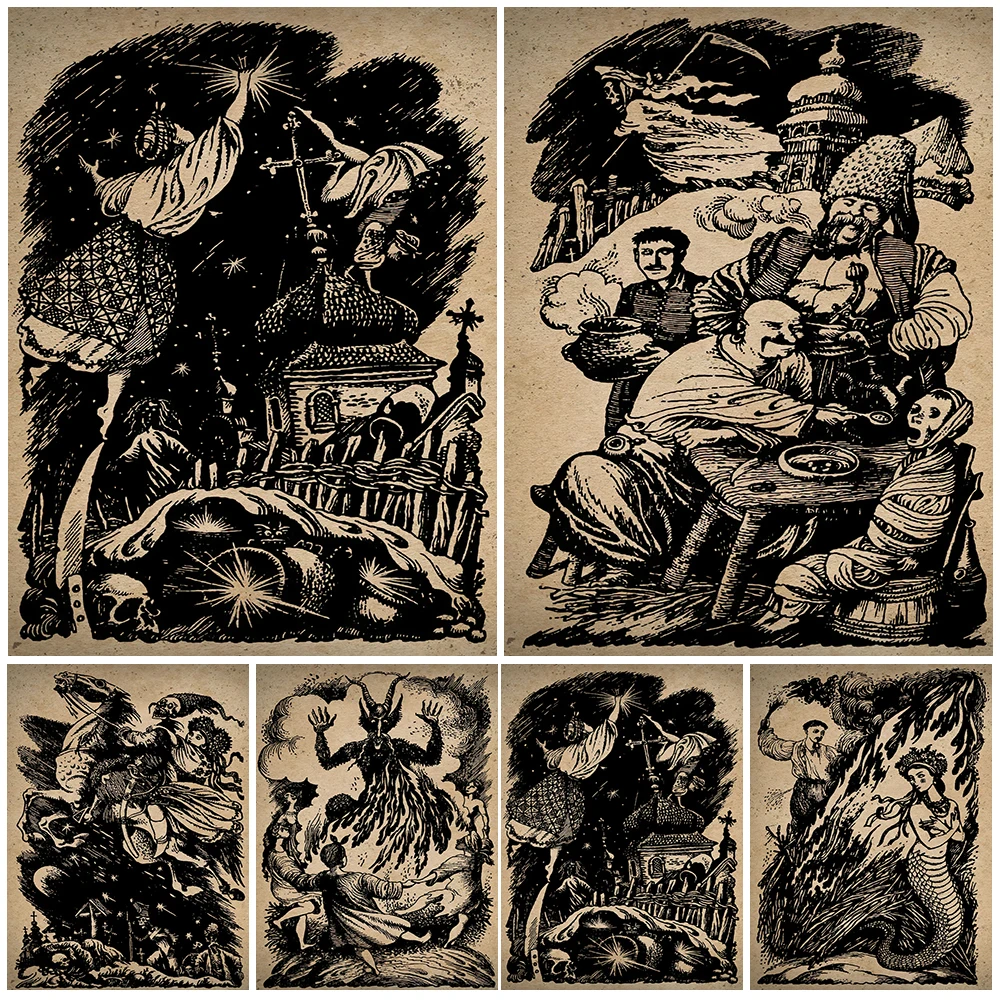 Folk Horror Stories Vintage Wall Art Canvas Painting Strange Talk Association Flying Demons,Death,Witches Poster Prints Decor