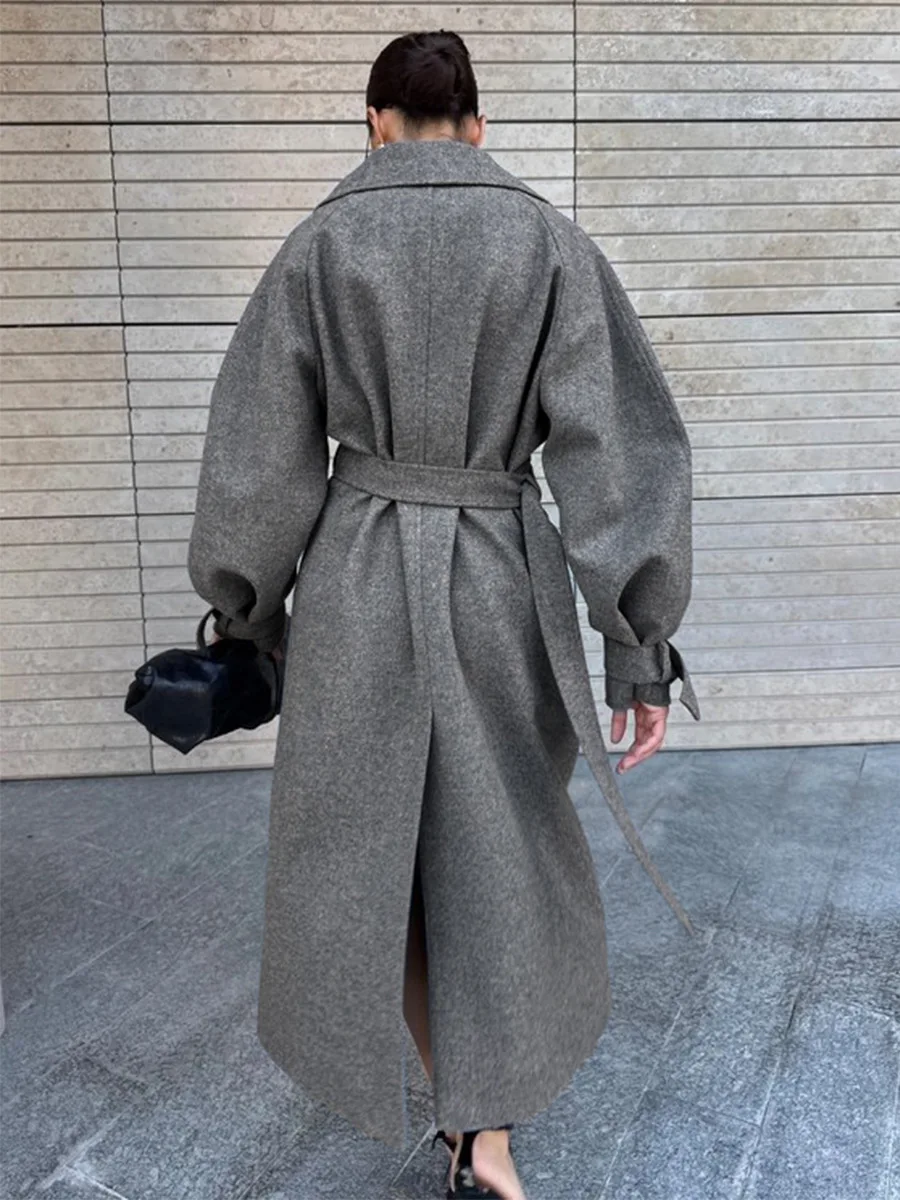 Elegant Women's Extra Long Belted Wool Coat for Autumn Winter
