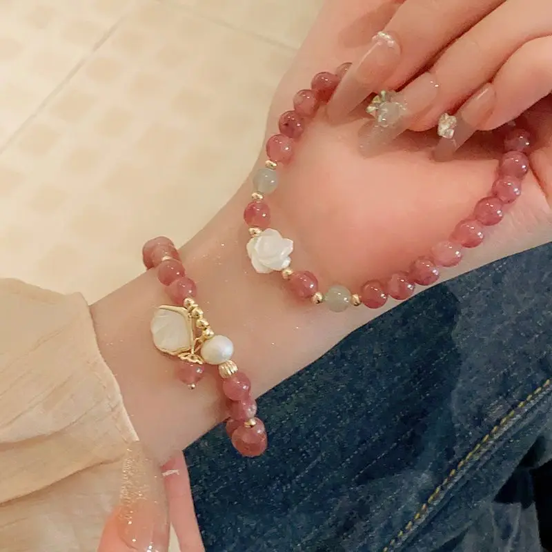 

Sweet Pink Crystal Natural Stone Bracelet Girl Party Wedding Jewelry Gifts