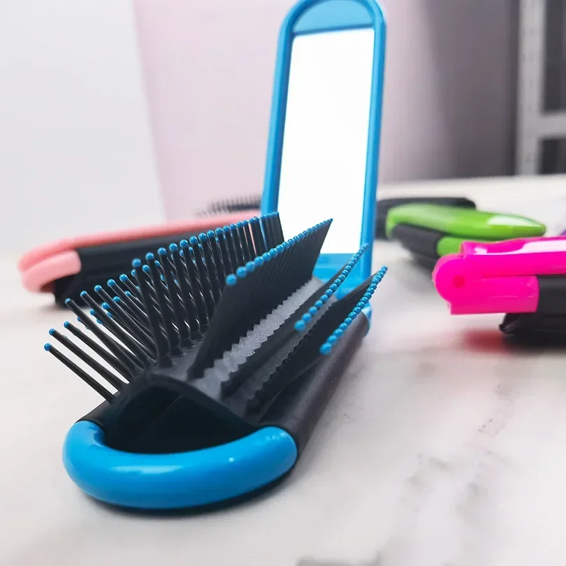 Portable Travel Folding Hair Brush With Mirror Compact Pocket Size Comb ABS Heat-Resistant Folding Comb Portable Dual-Use