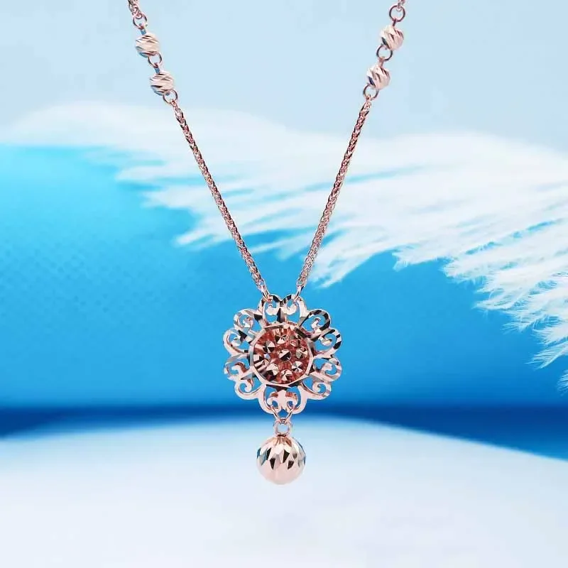 585 Purple Gold Flower Necklace for Woman New in 14k Rose Gold Ball Bead Pendant Charm Engagement Jewelry Send Girlfriend