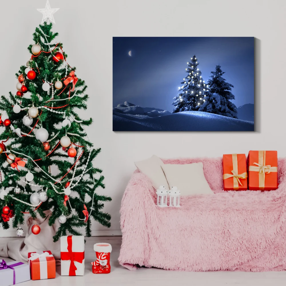 Arte de parede em tela emoldurada: pinheiro iluminado à noite para o Natal, presente e decoração para véspera, sala de estar, quarto - 24x18 pol.