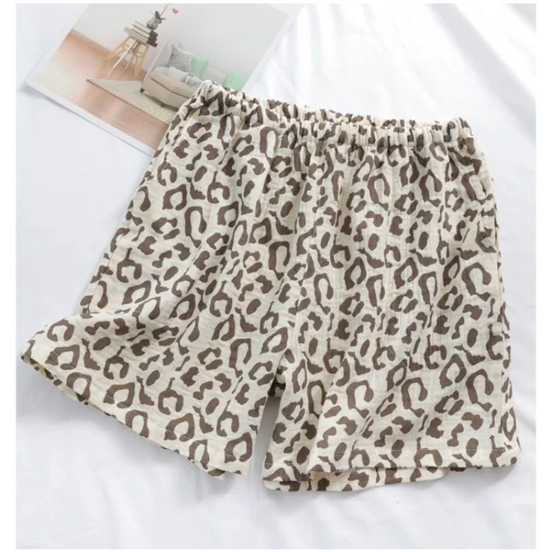 Summer Double-layer Cotton Yarn Breathable Leopard Print Women's Sleeping Pants Loose Crepe Comfortable Home Shorts