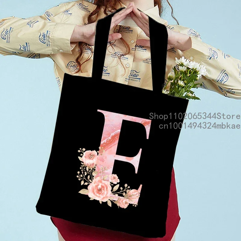 Fashion Trend Black Canvas Handbags Pink Sakura Alphabet Aesthetics Graphic Tote Bag Teenager Student Women Flower Shoulder Bag