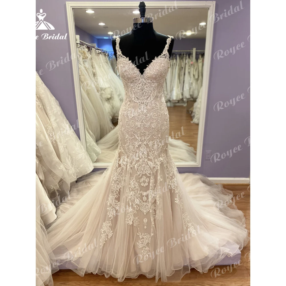 Exquisite Spitze Meerjungfrau Hochzeit Kleid Sexy V-ausschnitt Appliques Spaghetti-trägern Open Back Taste Für Frauen Brautkleid Sweep Vestido