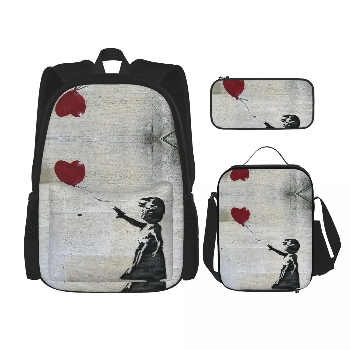 Banksys Mädchen mit einem roten Ballon Rucksäcke Jungen Mädchen Bücher tasche Studenten Schult aschen Rucksack Lunch Bag Stift Tasche dreiteiliges Set