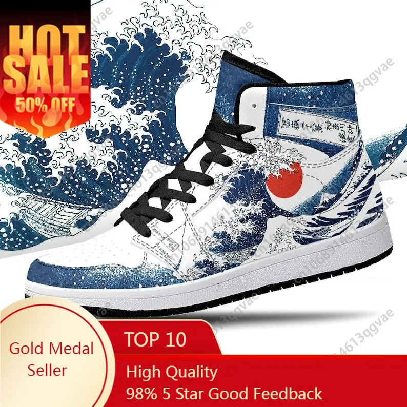 Great Wave Off Kanagawa Premium High Tops Basketball Sneakers Print Design Woman Man Holiday Party Matching Custom Dropshipping