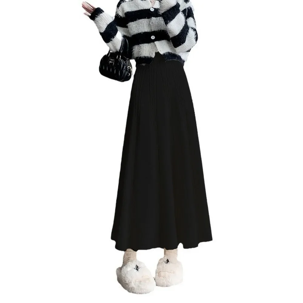 White Twist Knitted Wool Skirt Women's Autumn 2024 Winter Dape Mid-Length Skirt High Waist A- Line Long Skirt