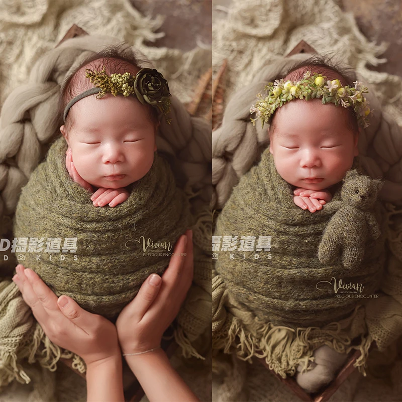 ชุดถ่ายภาพทารกแรกเกิดแบบมืออาชีพ หมวกปอมปอมเด็ก + ผ้าห่อตัวถักไหมพรมอุ่น + ของเล่นตุ๊กตาผ้าขนสัตว์ ผ้าห่มถักโครเชต์ อุปกรณ์ประกอบฉากถ่ายภาพ