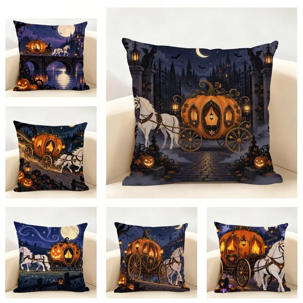 H-Halloween Pumpkin Carriage Cushion Cover Linen Minimalist Soft  for Sofa Bed Home Room Decor